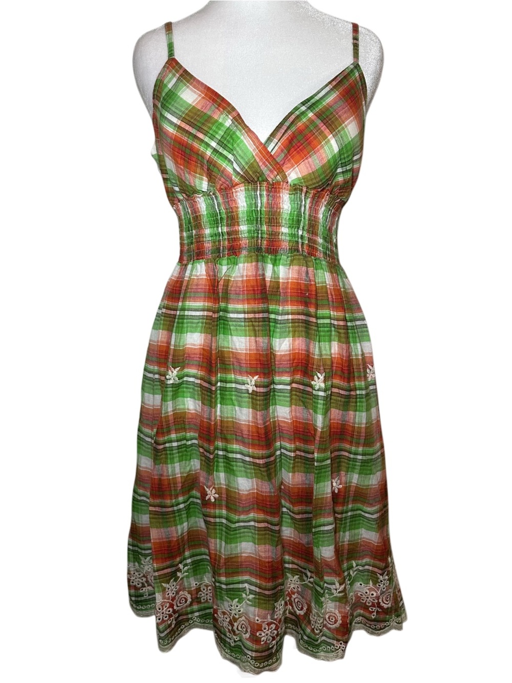 VTG Y2K She's Cool Green and Orange Plaid Midi Dress with Embroidered Hem